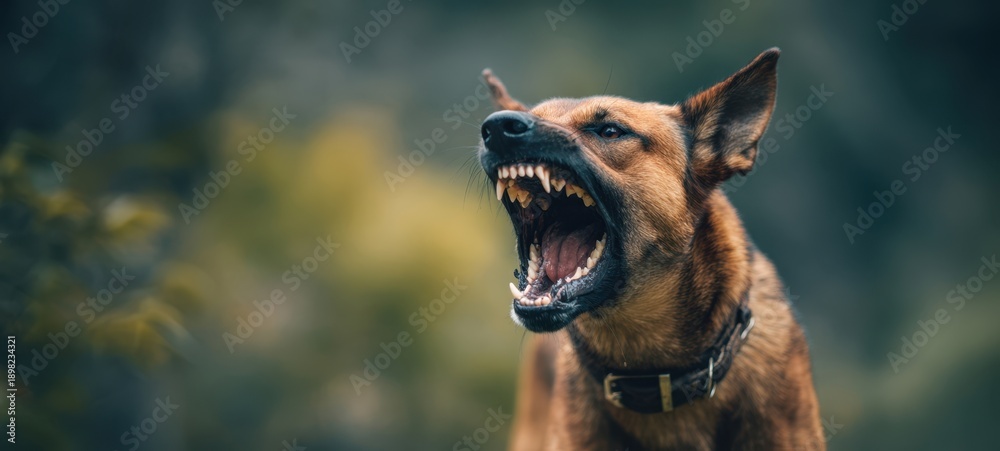 Naklejka premium The Dog Showing Aggressive Snarling Expression With Bared Teeth In Forest Closeup