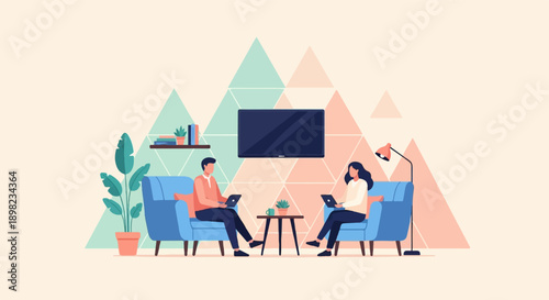 Two people sitting in armchairs, each working on a laptop, a TV mounted on wall