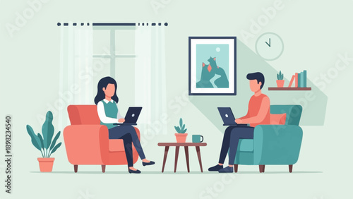 Two people work on laptops from comfortable armchairs in a modern room