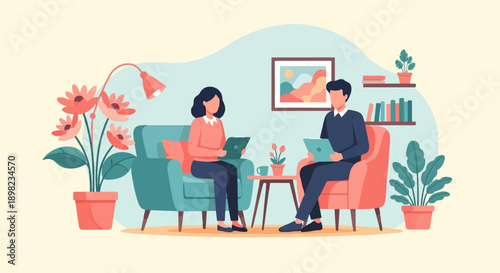 Two people sitting in armchairs, each holding a tablet, in a room (1)