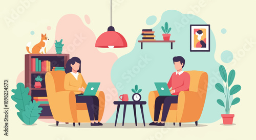 Two people work on laptops from comfy armchairs in a colorful living room