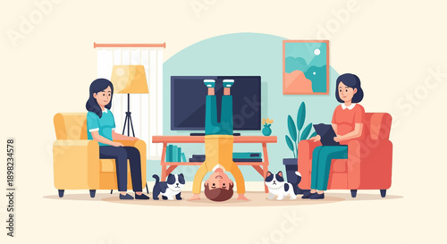 Two people relaxing in a living room with a child doing a handstand