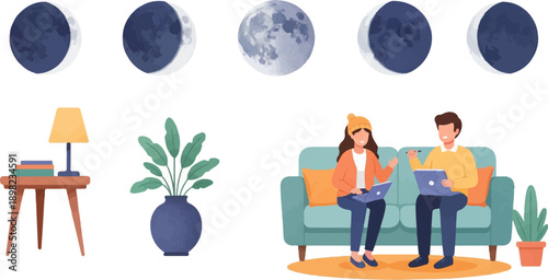 Two people on couch, laptop, moon phases, plants, lamp on table