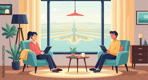 Two people relaxing in comfortable chairs at home, looking at tablets