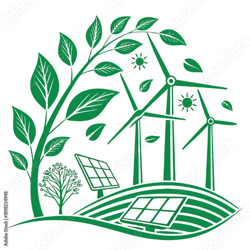 Sustainable energy sources and eco-friendly practices depicted with green technology symbols.