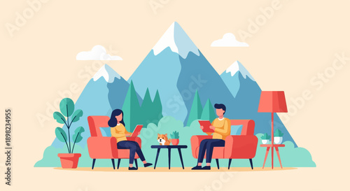 Two people relaxing in cozy chairs with a dog and plants before mountains
