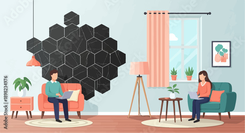 Two people work on laptops from the comfort of their homes, surrounded by plants