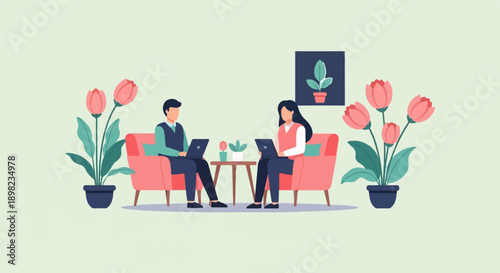 Two people sit on sofas, each with a laptop, surrounded by plants and flowers