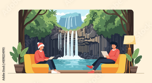 Two people relaxing in comfortable seating beside a waterfall