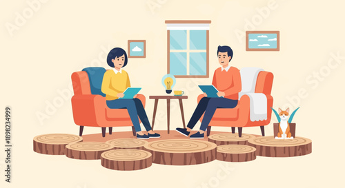 Two people sit in chairs, reading, with a cat nearby