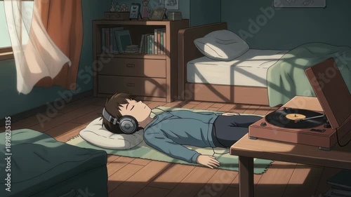 Boy relaxing on floor while listening to vinyl record in bedroom, lo-fi style