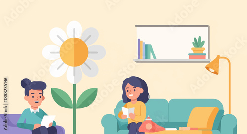 Two people relaxing indoors near a large flower and a bookshelf