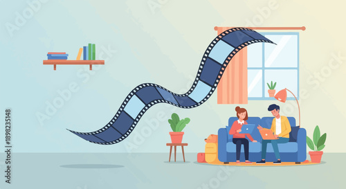 Two people on a couch with laptops, film reel above, in a room