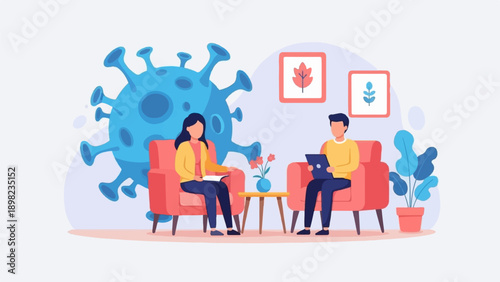 Two people sit in armchairs, one reading, other on tablet, near virus image