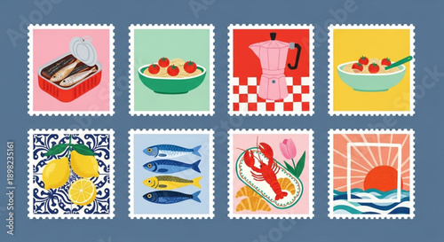 postage stamps featuring various food and nature motifs, including lemons, sardines, lobsters, and fresh produce