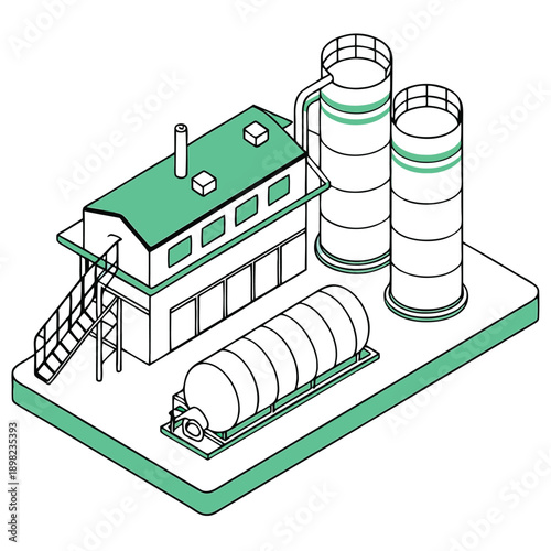 Industrial facility with large storage silos and processing equipment