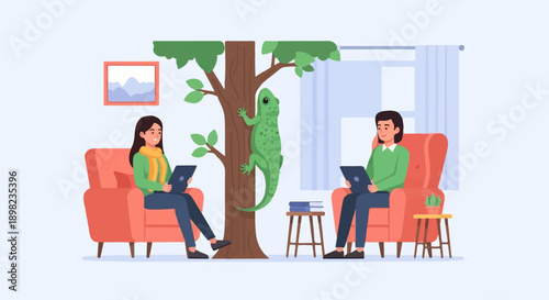 Two people sit in armchairs using laptops, a gecko climbs a tree
