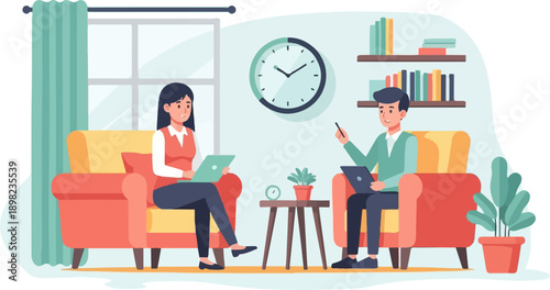 Two people sit in armchairs, working on laptops in a room