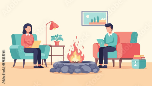 Two people sit in chairs by a fire pit, each using a tablet
