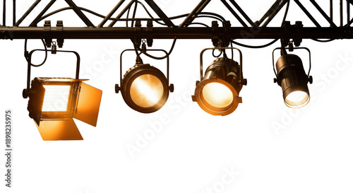 Stage lights hanging from truss system isolated on transparent background
