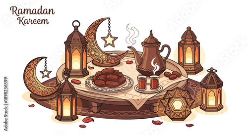 Illustration of a Ramadan Kareem setup with mosque silhouette, crescent moon, lanterns, dates, and tea on a decorative tray against a clean white background with warm, festive tones.