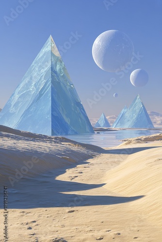 Surreal glass pyramids floating above a desert landscape.
