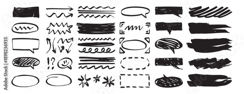 Hand drawn doodle elements set. notes, school, creative dairy design. speech bubbles, arrows and underlines, scribbles and highlights 