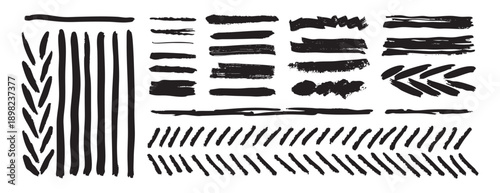 black ink grunge brush strokes, hand drawn. Suitable for stickers, logos, posters, packaging and printable projects.