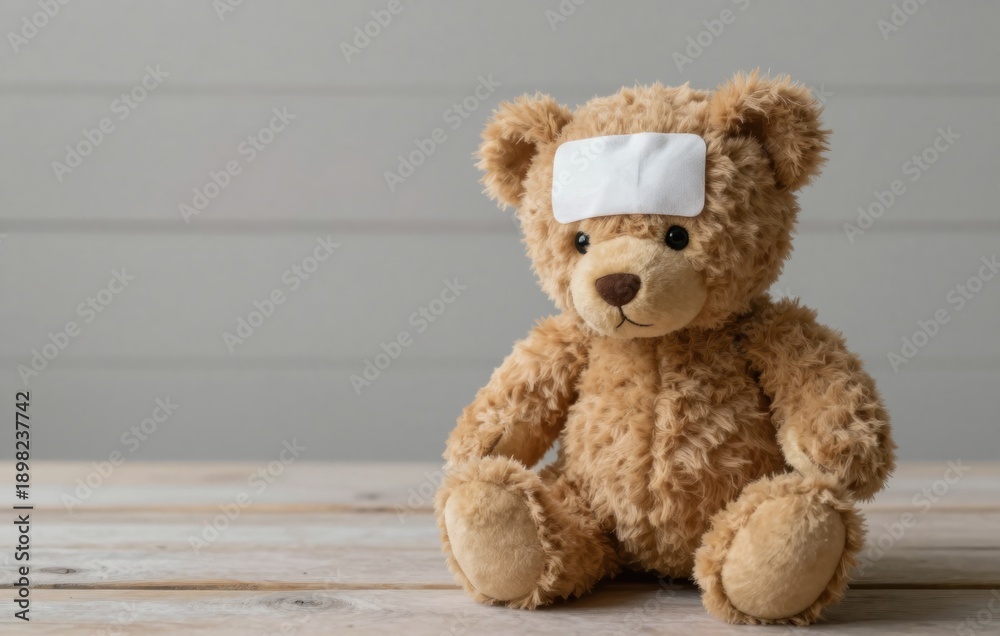 Fototapeta premium Injured Teddy Bear with Bandage on Head, Caring for Sick Child, Childhood Accident