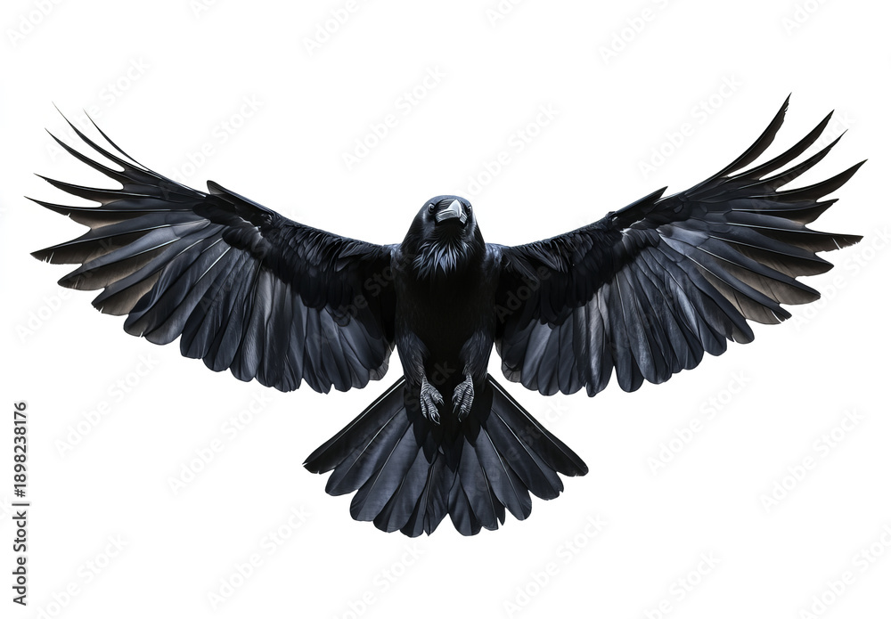 Fototapeta premium black raven in flight, with its wings spread wide, against a transparent background