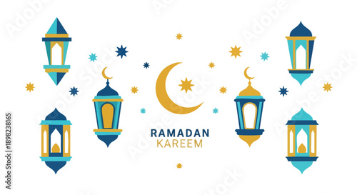 Ramadan Kareem greeting with mosque silhouette, crescent moon, and lanterns on a white background, conveying a cultural and religious festive mood with blue, gold, and yellow colors.