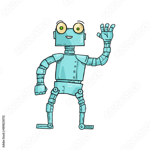 Friendly robot waving hand, cute blue cyborg character  - vector illustration