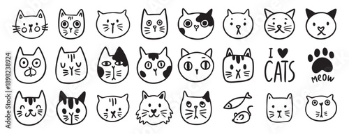 Cat face doodle set, hand drawn cute kitty vector clipart, emoticon, isolated illustration for children card coloring cartoon kawaii