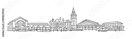 Architectural skyline silhouette with clock tower and market structures