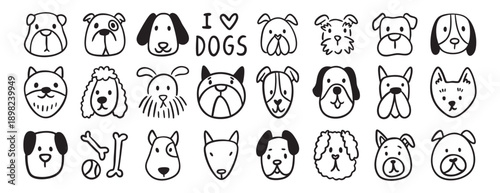 Dog doodle set, hand drawn puppy vector cute face animal clip art, children illustration, beagle husky bulldog, coloring, vet