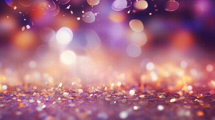 Decorative festive abstract purple glitters with blurred bokeh effect background. Christmas, New Year, holidays decoration banner