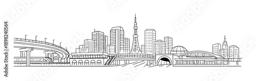 Futuristic city skyline with highways and skyscrapers at night