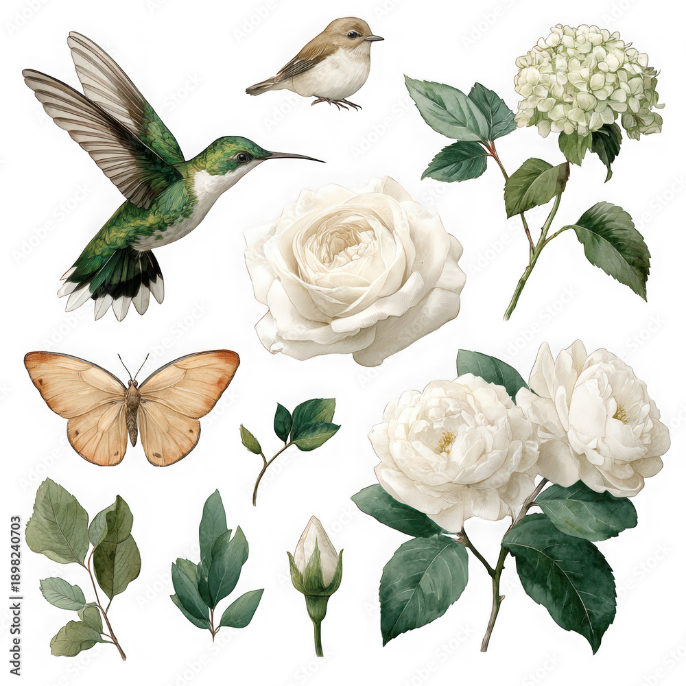 Fototapeta premium Nature's serenity with birds, butterflies, and blooms isolated on transparent background