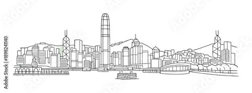 Hong kong cityscape silhouette: illuminated skyline with harbor and buildings