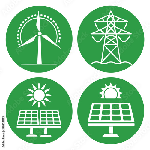 Four icons representing renewable energy sources and sustainable power generation methods