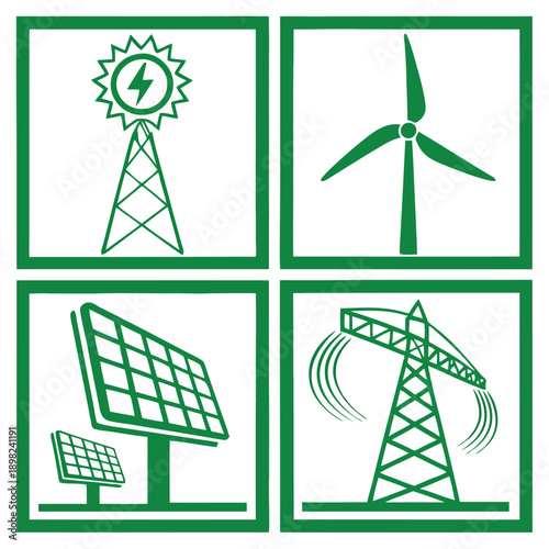 Renewable energy sources illustrated with icons of solar, wind, and hydro power