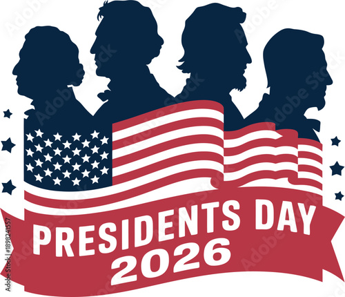 A graphic illustration of four US presidents' silhouettes with an American flag on Presidents Day 2026