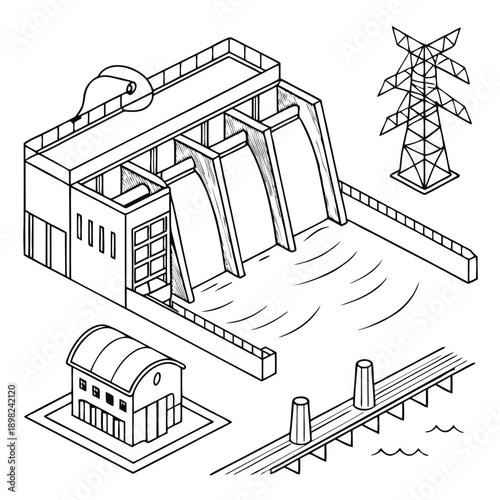 Historic water control structure amidst a quaint village landscape