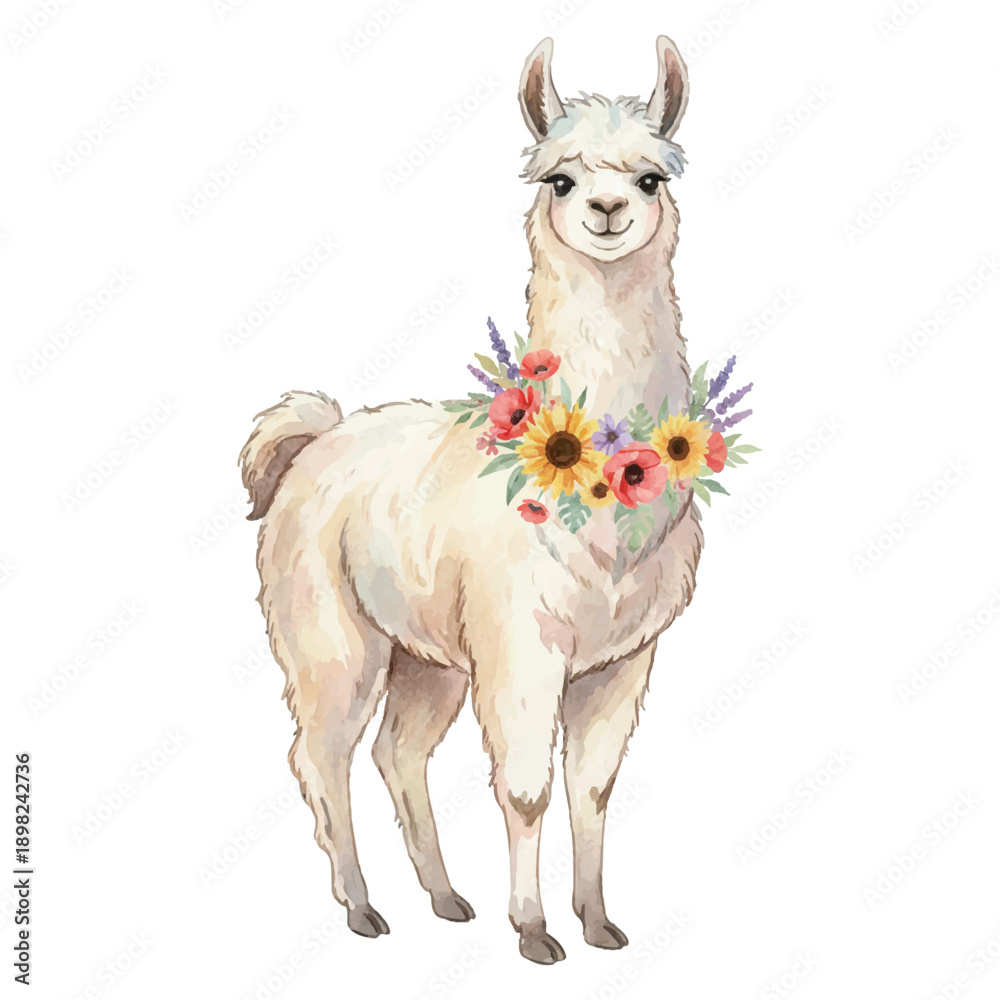Fototapeta premium Watercolor Llama Vector Illustration Isolated on White Background, Summer Farm Animal Art 
