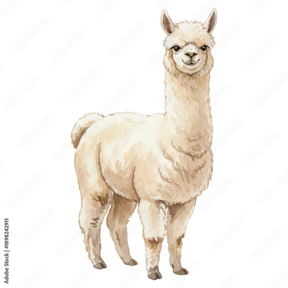 Fototapeta premium Watercolor Alpaca Vector Illustration Isolated on White Background, Summer Farm Animal Art 