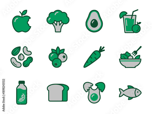 Healthy Nutrition Food Icon Set Green Flat Design Transparent  
