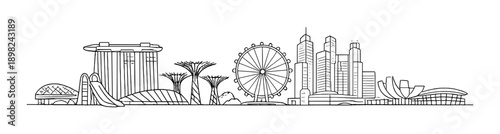 Modern singapore skyline silhouette with iconic landmarks and structures