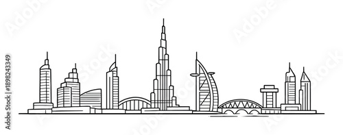 Dubai skyline outline featuring iconic modern skyscrapers on gradient background
