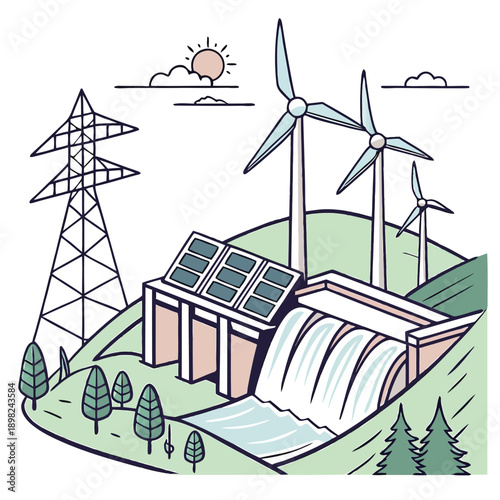 Renewable energy sources combining solar, wind, and hydroelectric power generation