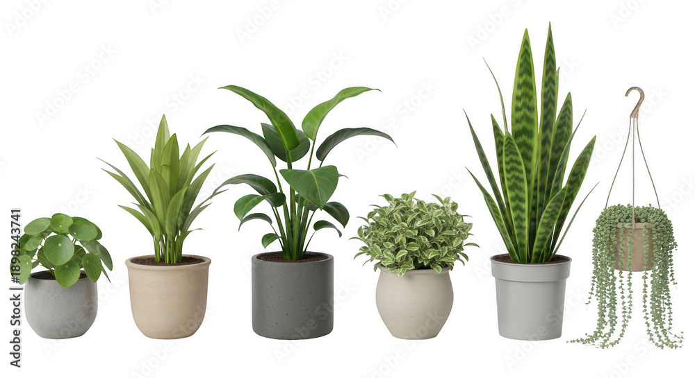 Fototapeta premium Collection of various potted plants in different pots isolated on transparent background